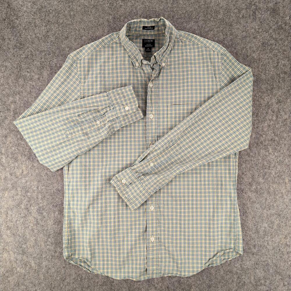 J Crew Shirt Mens Medium Yellow Plaid Button Up Flex Washed Slim Stretch